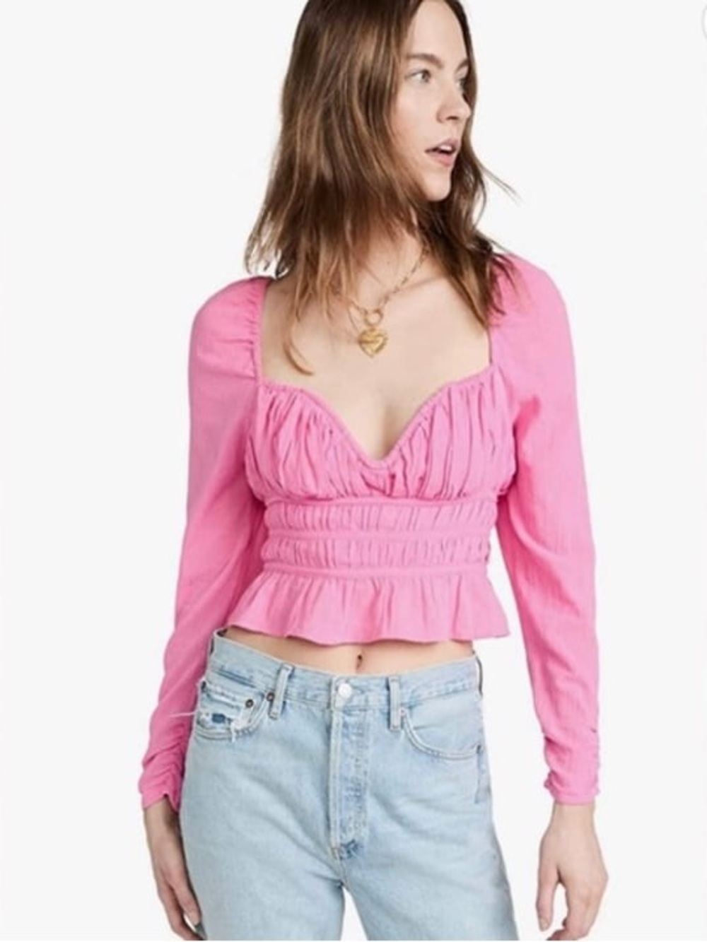 Free People Chloe Puff Sleeve Smocked Tie Neck Cotton Top